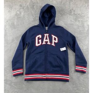 Gap Kids Navy Blue Full Zip Logo Hoodie Sweatshirt Striped Trim Size L 10 NEW